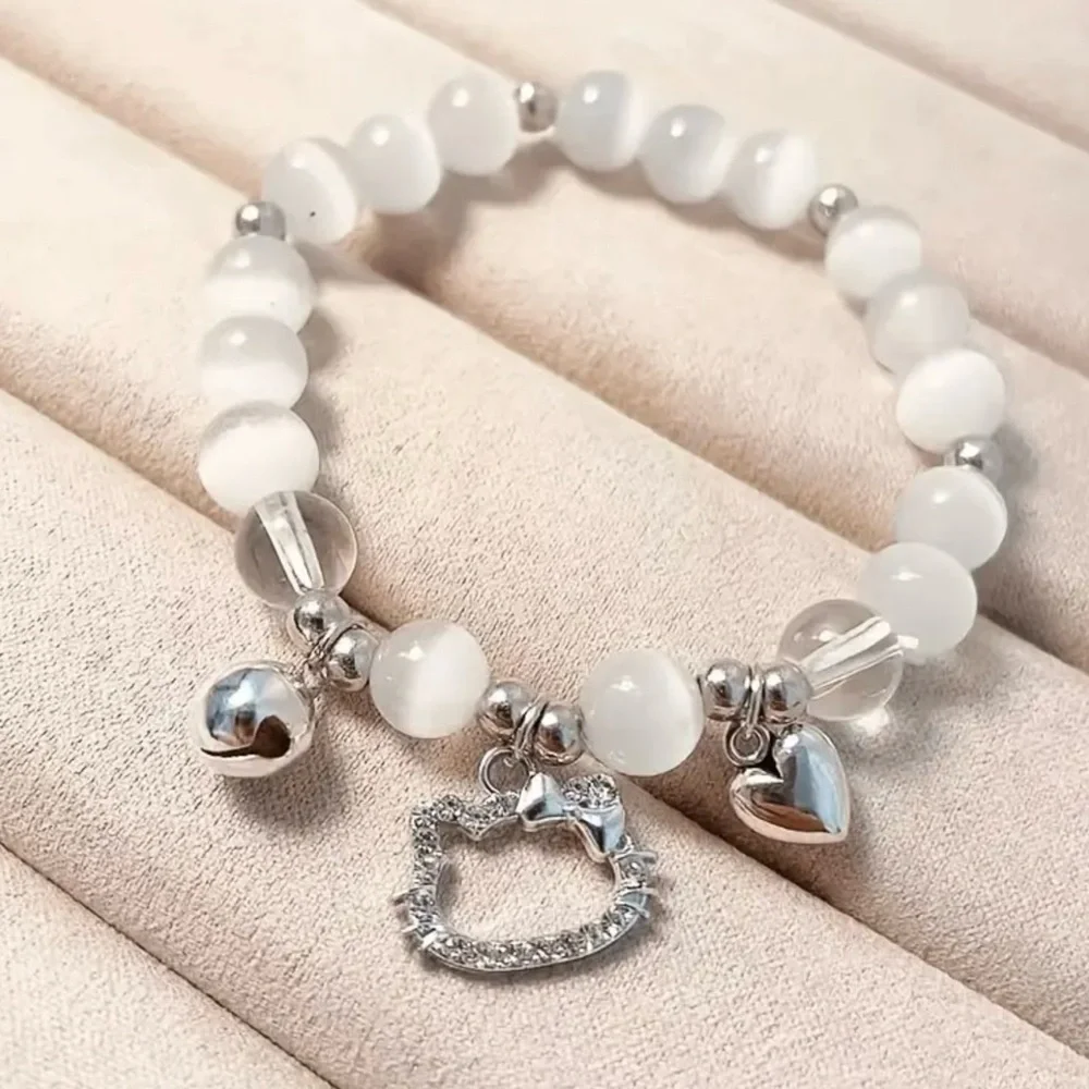 New, White Beaded Hello Kitty Bracelet with Silver Charms - Picture 5 of 5